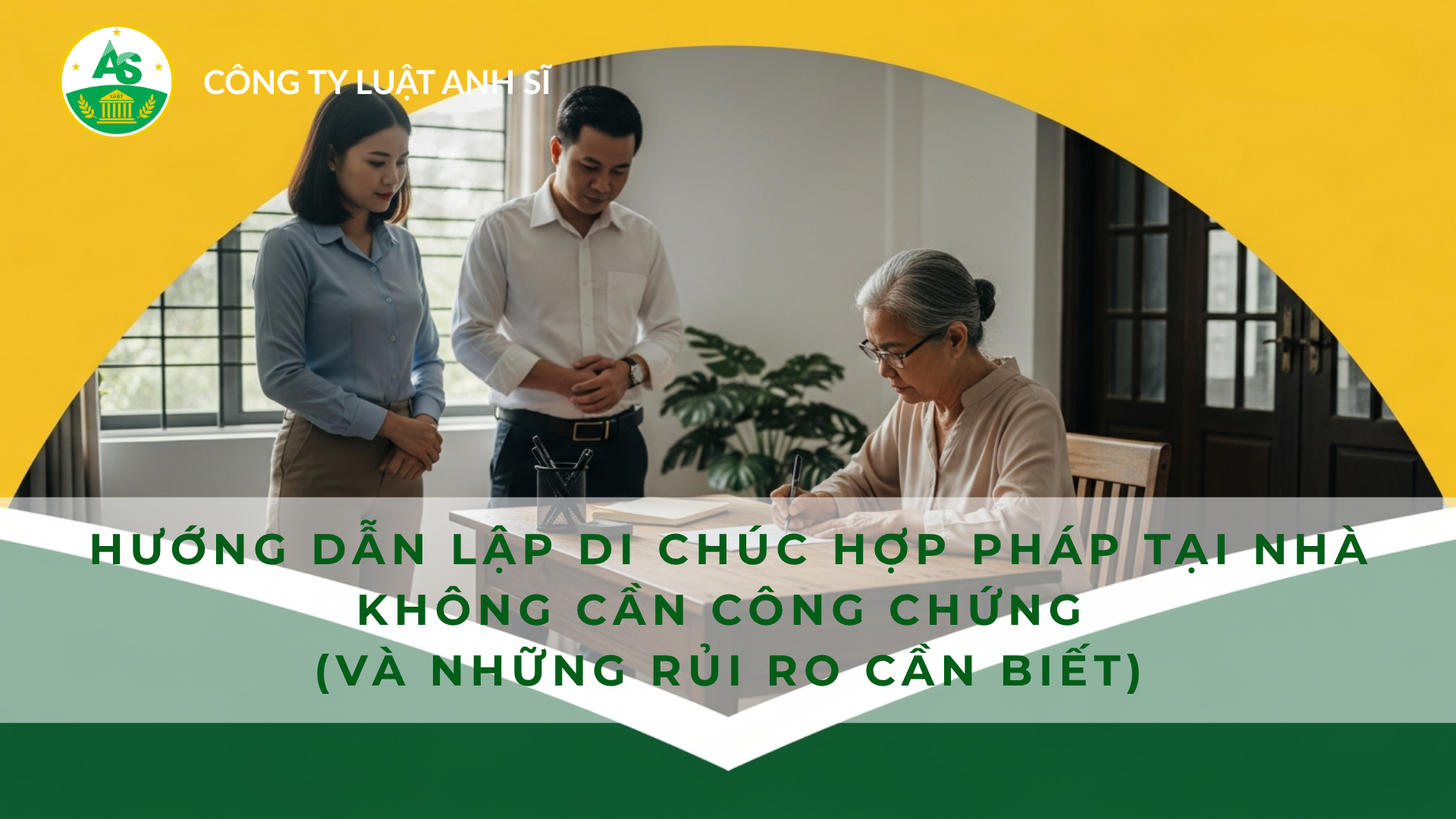 Một người lớn tuổi đang tự tay viết di chúc tại nhà dưới sự chứng kiến của hai người làm chứng.
